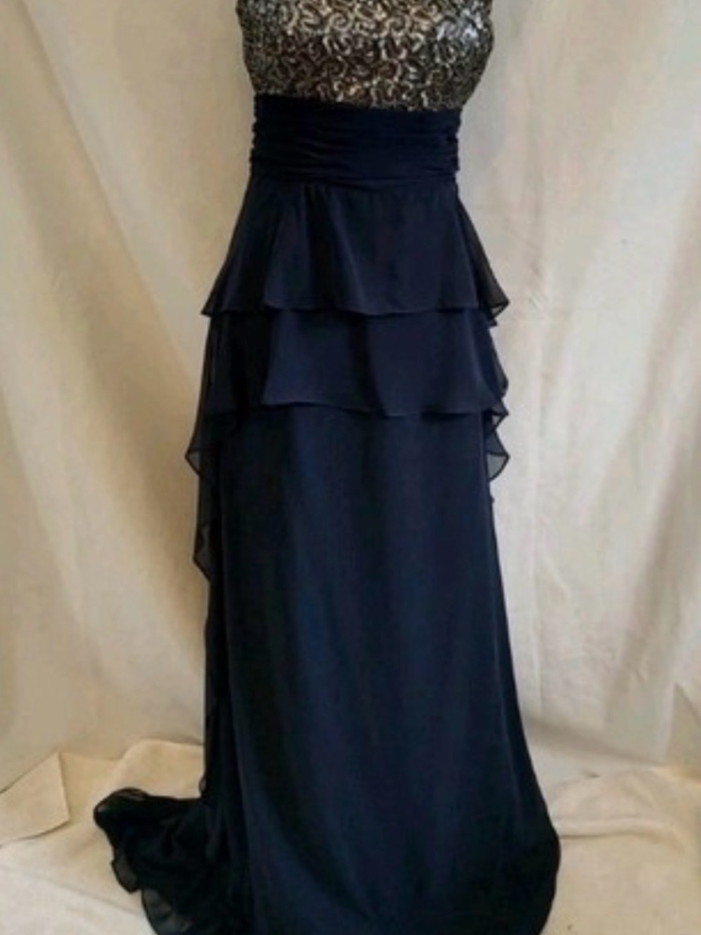 Calvin Klein Strapless Navy Sequin Bodice Tiered Evening Dress, NWT, Size 4